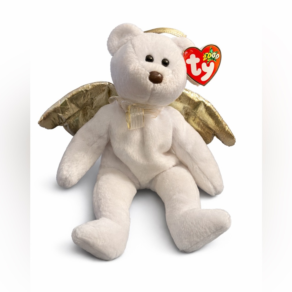 Ty Beanie Baby Halo II Angel Bear 2000 White Gold Wings Brown Nose w/ Tag